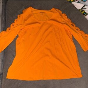 Roaman's Vibrant Orange Long Sleeve Top with Cut-Out Details